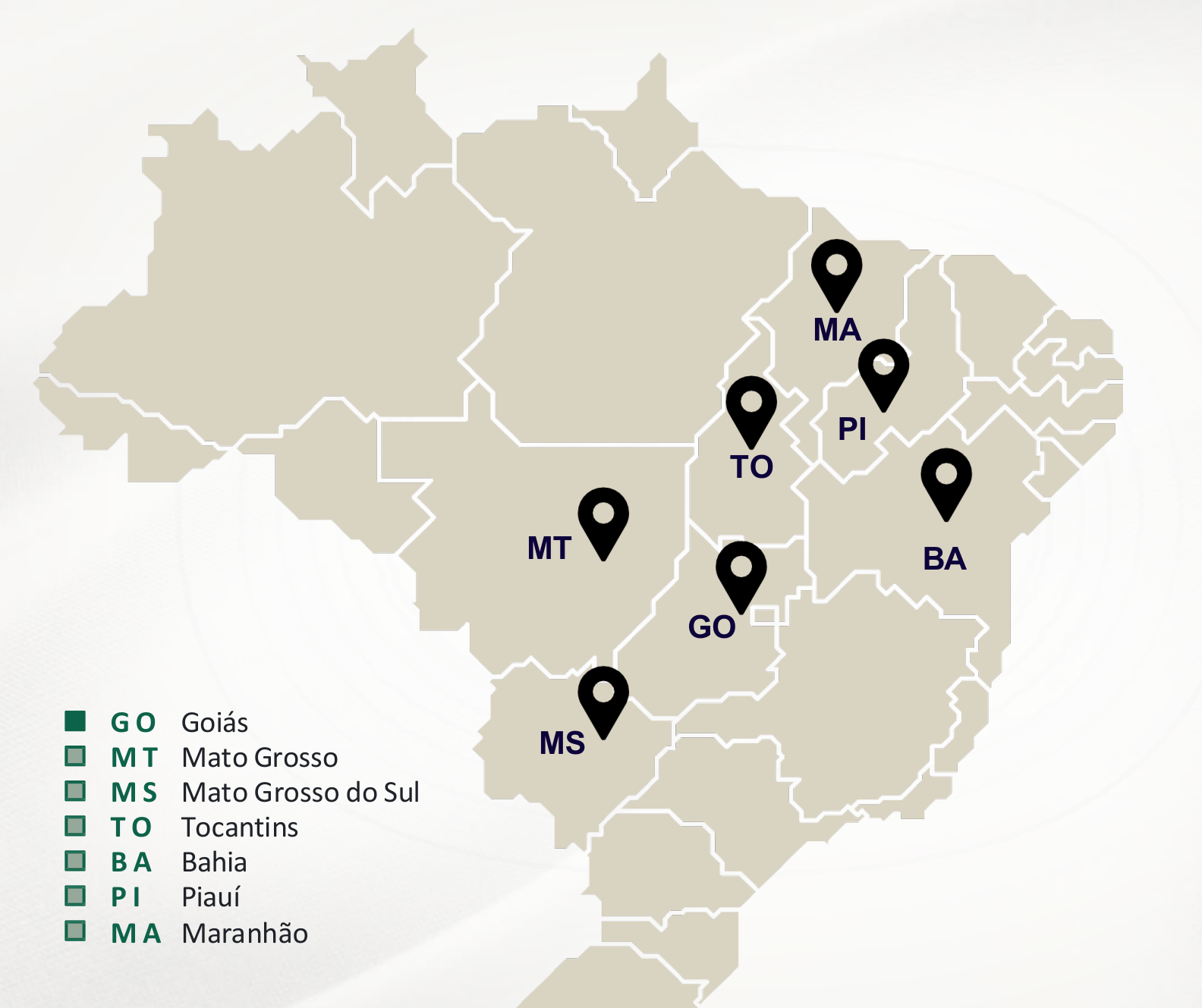 Mapa de atuação da Torri Capital em GO, MT, MS, TO, BA, PI e MA